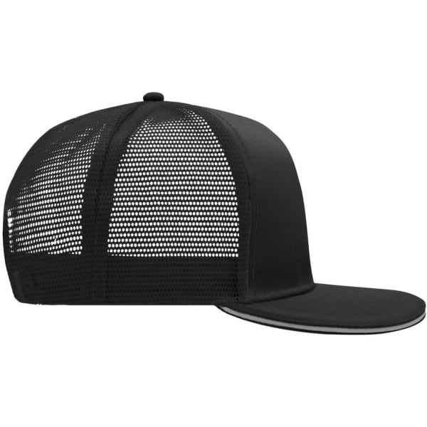 A black mesh trucker cap featuring a six-panel design and a curved brim. It includes a branding logo.