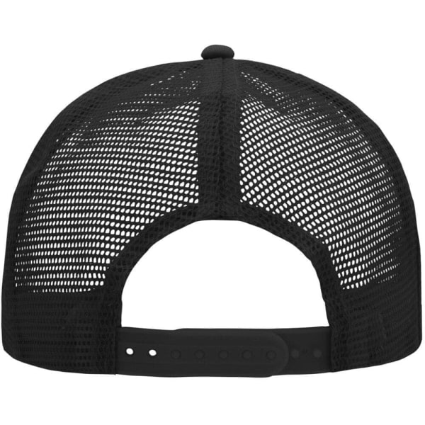 A black mesh trucker cap featuring a six-panel design and an adjustable strap at the back.