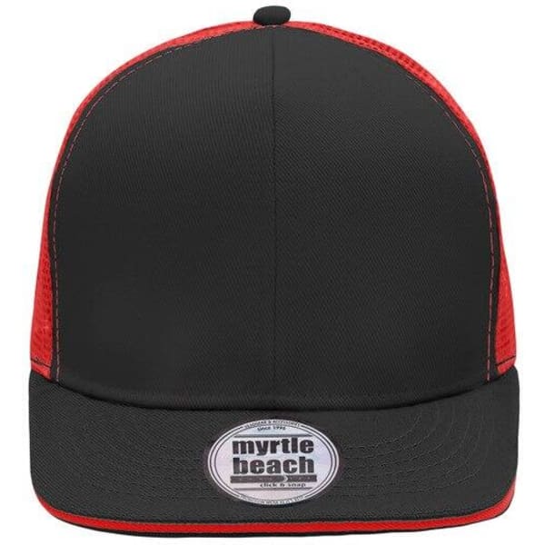 A black and red trucker cap featuring mesh panels and a branded logo on the front.