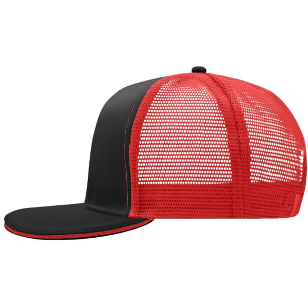 A black and red trucker cap with a mesh back and a flat brim, featuring a logo on the front.