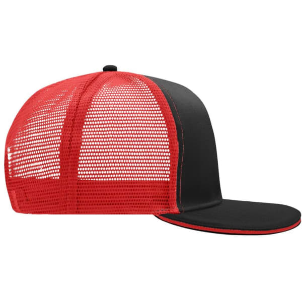 A red and black trucker cap featuring a mesh back. The cap has a curved brim and a logo on the front.