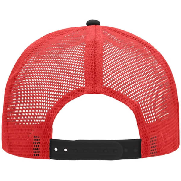 A red trucker cap with a mesh back, featuring a snap closure and a logo on the back.