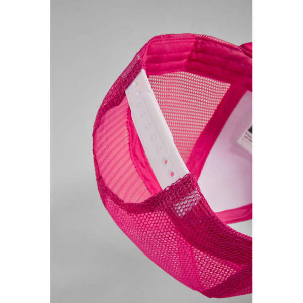 A pink mesh 6-panel trucker cap with a plastic adjustable strap and an internal label. It features a logo.