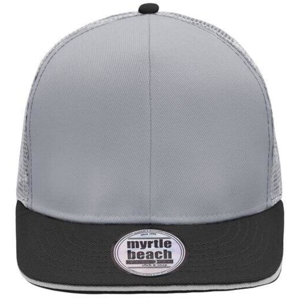 A grey and black trucker cap with a mesh back and a logo on the front panel.