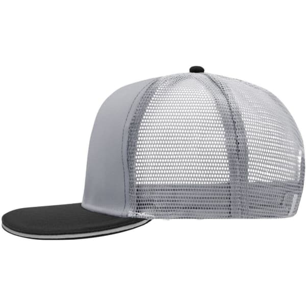 A grey and black six-panel trucker cap with a mesh back and a black visor, featuring a logo on the side.