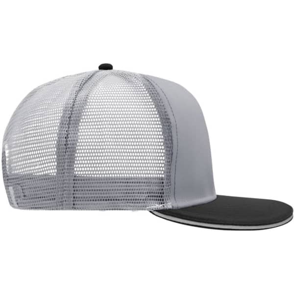 A grey and black trucker cap with a mesh back and a curved brim, featuring a logo.