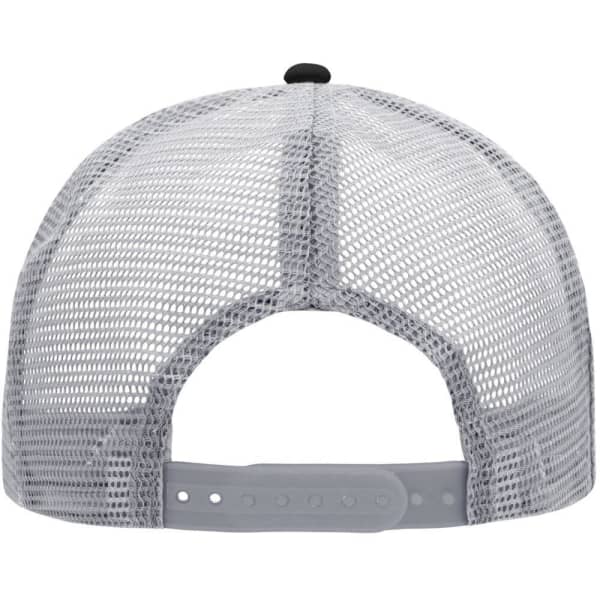 A grey mesh trucker cap featuring six panels and an adjustable strap at the back, with a logo present.