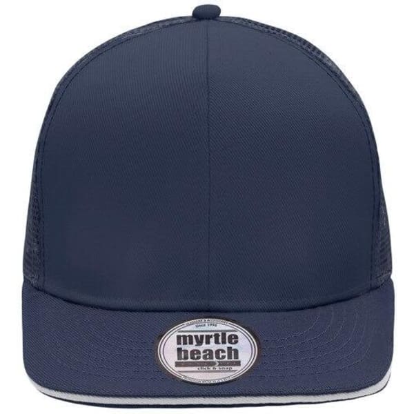 A navy blue trucker cap featuring a mesh back and a flat brim, with a logo at the front.