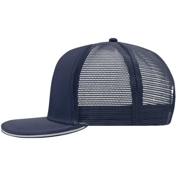 A navy blue trucker cap featuring a six-panel design and a mesh back. It has a curved brim and a branding logo.