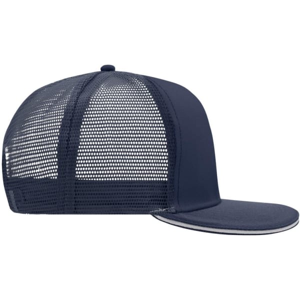 A navy blue trucker cap with a mesh back and a curved brim, featuring a logo on the front.