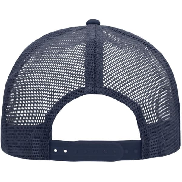A navy blue trucker cap featuring a mesh design and an adjustable strap at the back. It has a logo detail.