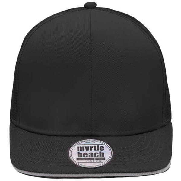 A black six-panel trucker cap featuring a rounded crown and a flat brim, with a logo on the front.