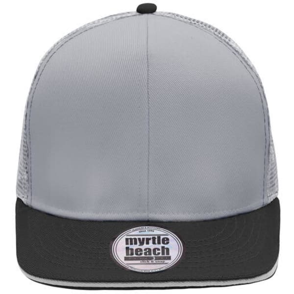 A trucker cap featuring a grey front panel and a black brim, with a logo on the front.