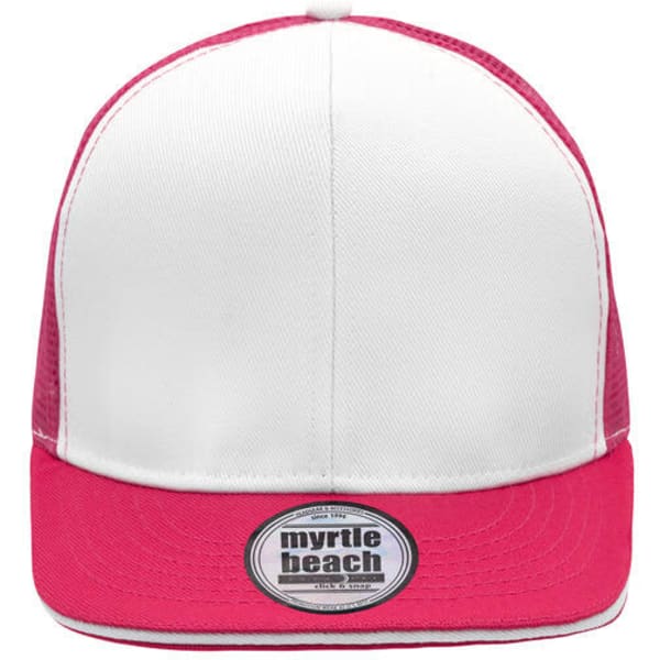 A trucker cap with a pink brim and mesh sides, featuring a white front panel and a logo on the front.