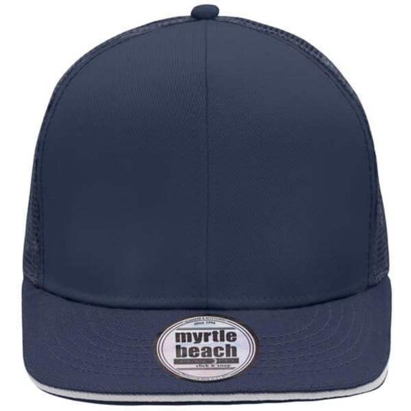 A navy blue trucker cap with a mesh panel and branded logo on the front.