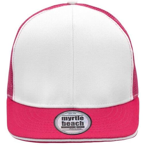 A pink and white trucker cap with a mesh design and a circular logo on the front.