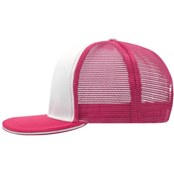 A pink and white trucker cap with a mesh back and a curved brim. It features a logo on the front.