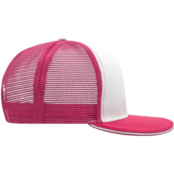 A pink and white trucker cap with a mesh back and a curved brim. It features a branding logo.