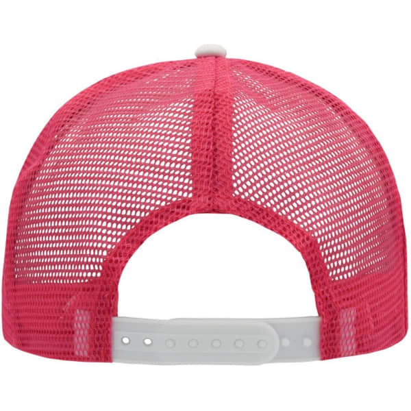 A pink mesh trucker cap featuring a six-panel design and an adjustable snapback closure.