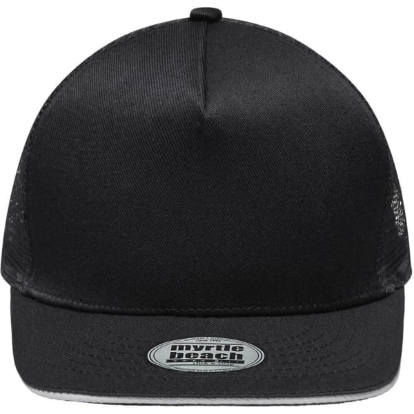 A black five-panel trucker cap with mesh back and a branded patch on the front.