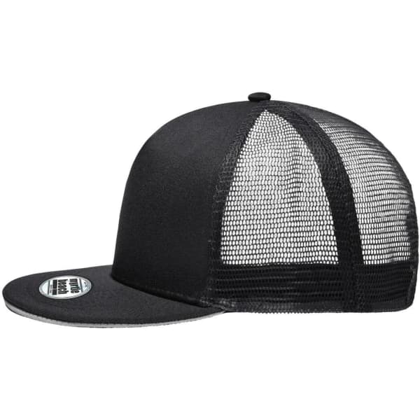 A black Pro Cap Mesh 5 Panel Trucker hat featuring a mesh back and a flat brim, with a logo present.
