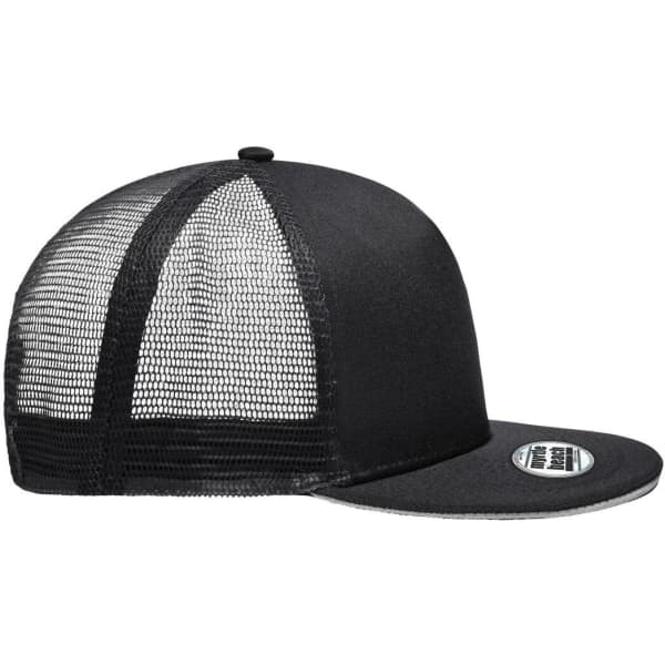 A black 5-panel trucker cap with a mesh back and a flat brim, featuring a logo on the side.
