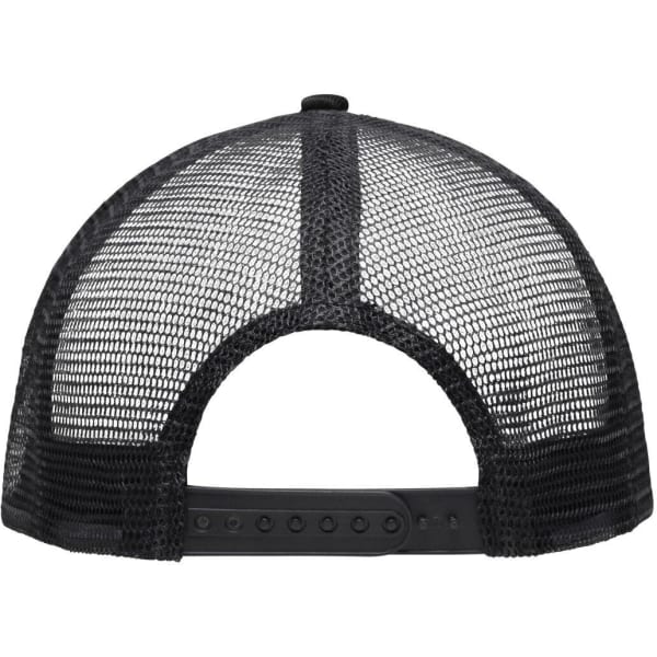 A black trucker cap with a mesh back and adjustable strap, featuring a logo on the back.