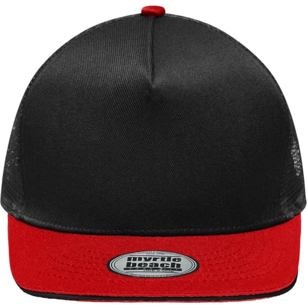 A black and red five-panel trucker cap featuring a mesh back and a logo on the front.