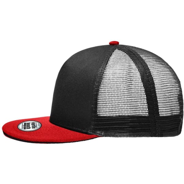 A black and red five-panel trucker cap featuring a mesh back and a flat brim, with a logo on the front.