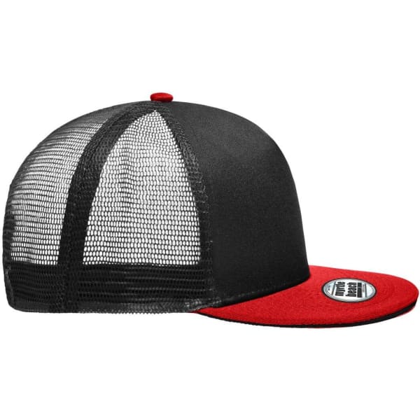 A trucker cap featuring a red front panel, black mesh back, and a flat brim. Includes a logo on the front.