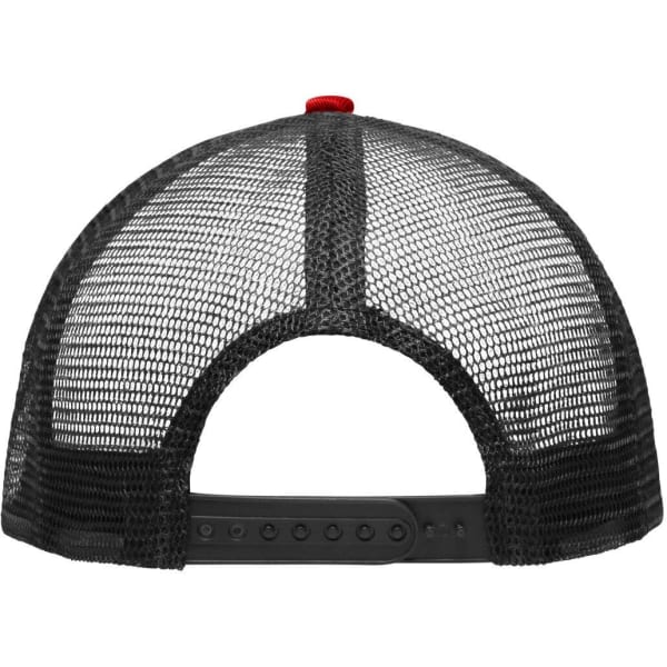 A black mesh trucker cap with a red accent at the back, featuring a logo on the fabric.