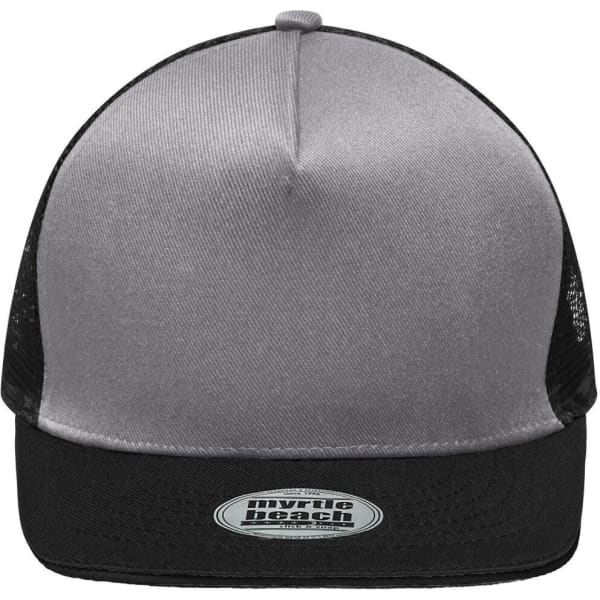 A grey and black mesh five-panel trucker cap with a branded logo on the front.