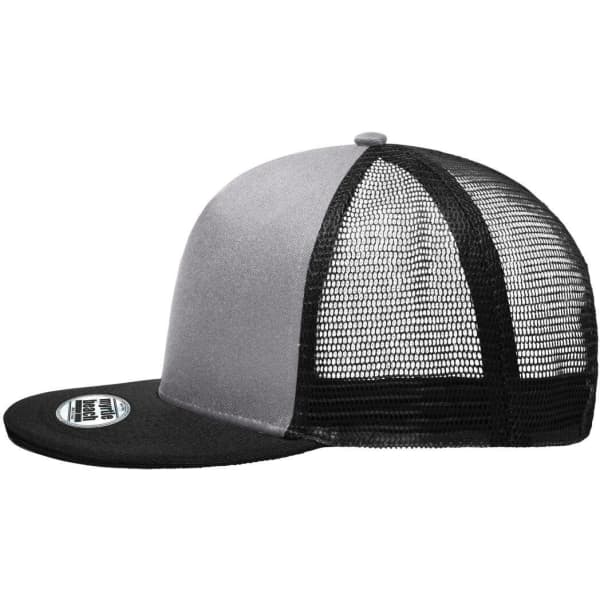 A grey and black five-panel trucker cap featuring a mesh back and a flat brim. It has a logo on the front.