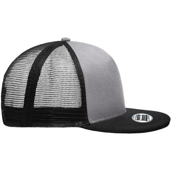 A grey trucker cap with a black brim and mesh back, featuring a branded logo on the side.