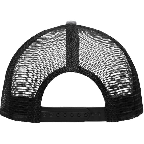 A black mesh trucker cap featuring a five-panel design and an adjustable snapback closure.