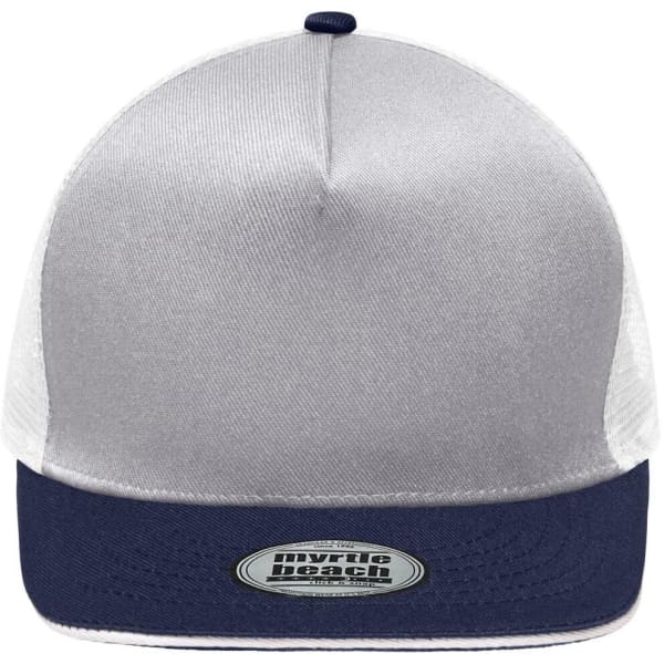 A grey and navy mesh 5-panel trucker cap featuring a logo on the front.