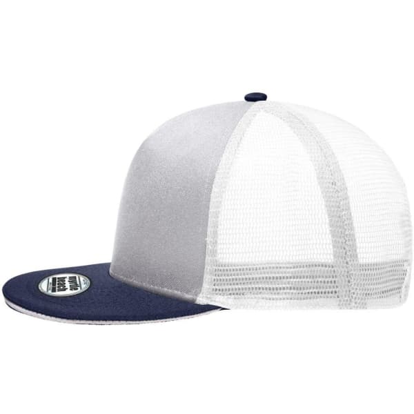 A grey and navy Pro Cap Mesh 5 Panel Trucker cap with a mesh back and a branded tag on the visor.