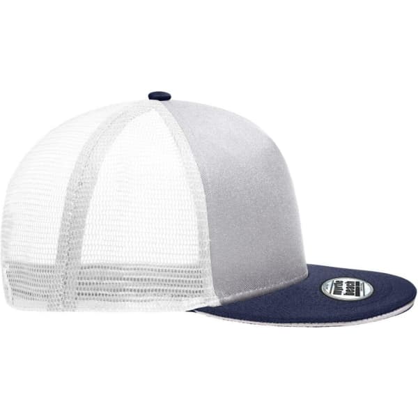 A five-panel trucker cap with a navy peak and white mesh back, featuring a branding logo.