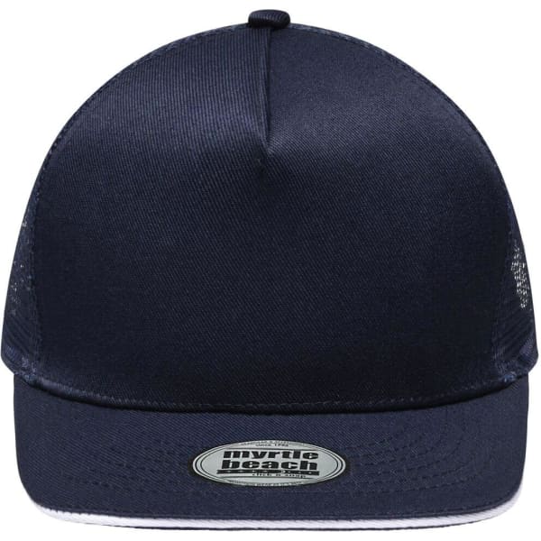 A navy blue 5-panel mesh trucker cap featuring a curved peak and a logo on the front.