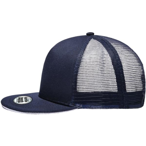 A navy blue trucker cap with a solid front panel and mesh backing. It features a curved brim and has a logo.