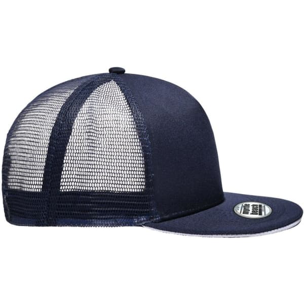 A navy blue 5-panel trucker cap with a mesh back and a branded patch on the front.
