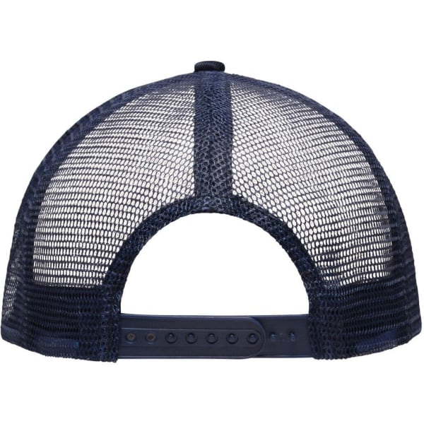 A navy blue 5-panel trucker cap featuring a mesh back and an adjustable strap. It includes a logo on the front.