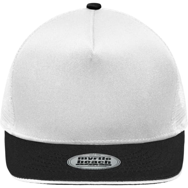 A white and black five-panel trucker cap with a branded logo on the front.