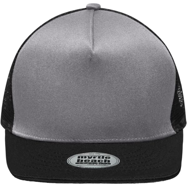 A grey and black 5-panel trucker cap with a mesh back and a branded logo on the front.