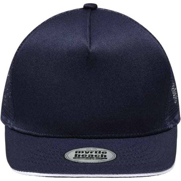 A navy blue trucker cap featuring a five-panel design and a mesh back. It includes a branded logo.