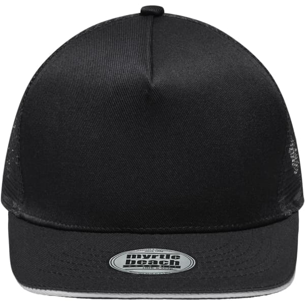 A black 5-panel trucker cap with a mesh back and a logo on the front panel.