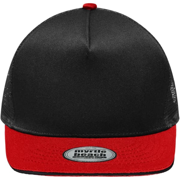 A black and red trucker cap with a mesh back and a logo on the front.