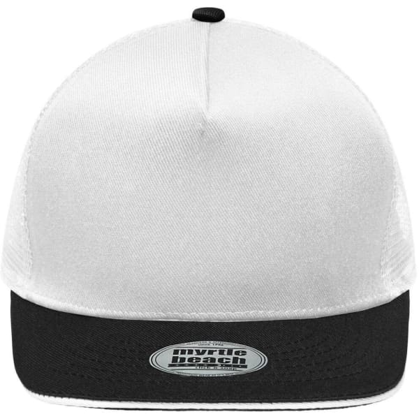 A trucker cap with a white front panel and a black brim, featuring a logo on the underside of the brim.