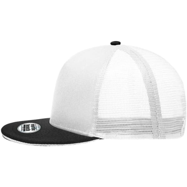 A trucker cap featuring a black front panel and a white mesh back, with a curved brim and a logo on the side.