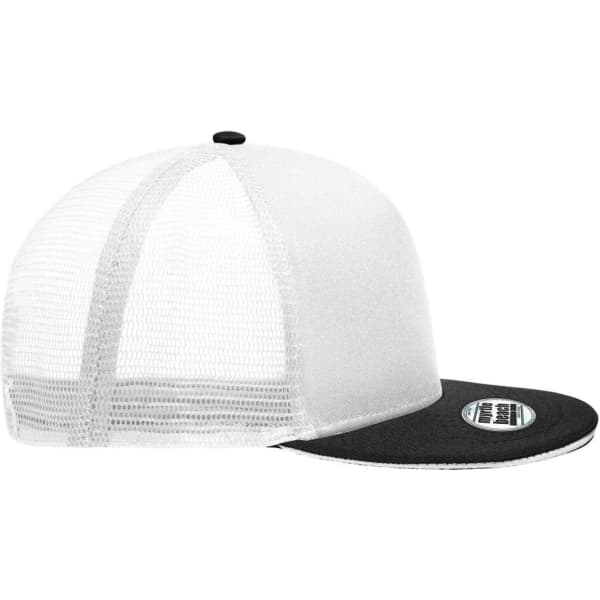 A black and white five-panel trucker cap with a mesh back and a flat brim. It features a logo on the front.